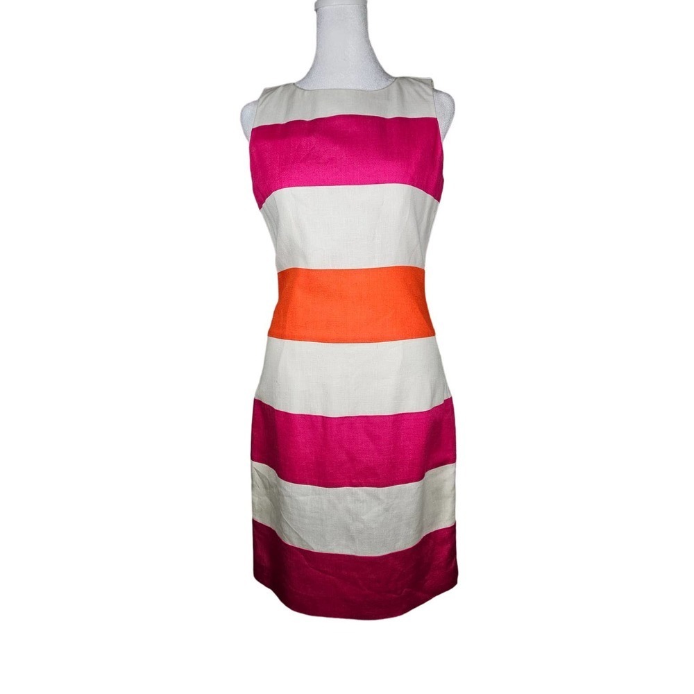 Ann‎ Taylor Women's Linen Dress Orange Pink Stripes Size 4 Fitted Lined